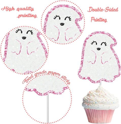 Ghost Cupcake Toppers 24pcs Pink Halloween Ghost Birthday Cake Decorations Ghost Boo Cupcake. in Saudi Arabia