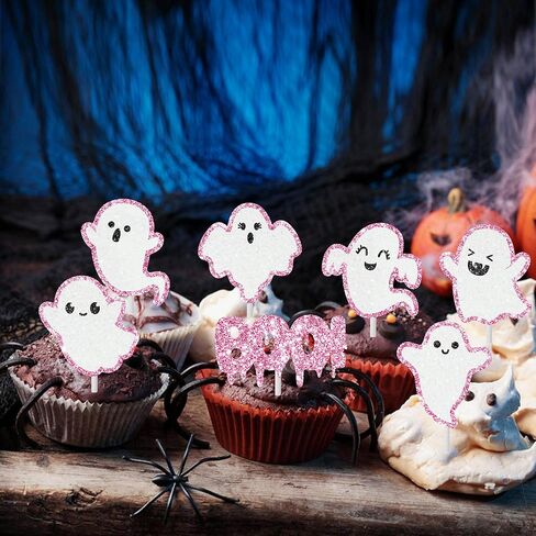 Ghost Cupcake Toppers 24pcs Pink Halloween Ghost Birthday Cake Decorations Ghost Boo Cupcake. in Saudi Arabia