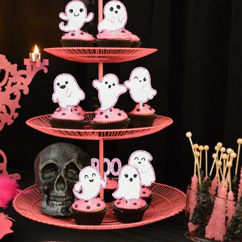 Ghost Cupcake Toppers 24pcs Pink Halloween Ghost Birthday Cake Decorations Ghost Boo Cupcake. in Saudi Arabia