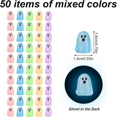 50pcs Halloween Miniature Ghost ، Glow in the Dark Small Resin Decorations Halloween Tonments Turny Turny Tursues for Party Favors Dollhouses & Garden Mini Landscapes (5 ألوان) in Kuwait