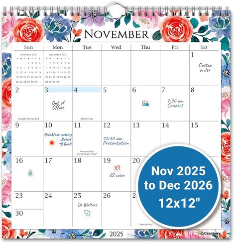 CRANBURY Large 12x12 Wall Calendar 2026 (Seasons), Square Hanging Calendar, 14 Months, Use Nov 2025 to Dec 2026, Big Grid, Colorful Seasonal Monthly Designs in Kuwait