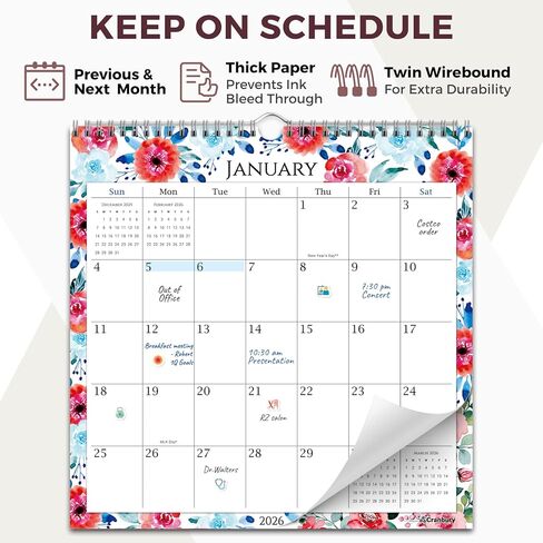 CRANBURY Large 12x12 Wall Calendar 2026 (Seasons), Square Hanging Calendar, 14 Months, Use Nov 2025 to Dec 2026, Big Grid, Colorful Seasonal Monthly Designs in Kuwait