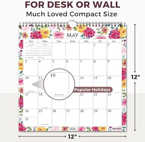 CRANBURY Large 12x12 Wall Calendar 2026 (Seasons), Square Hanging Calendar, 14 Months, Use Nov 2025 to Dec 2026, Big Grid, Colorful Seasonal Monthly Designs in Kuwait