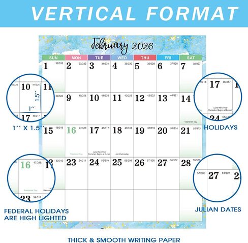 2026 Yearly Wall Calendar - 2026 Calendar (Jan 2026 - Dec 2026), 34.7" x 22.9" Open Size, 2026 Wall Calendar Thick & Writable Paper, Vertical Layout with Highlighted Holidays Design, Includes Julian Dates for Organizing Life & Work - Gradient Blue in Saudi Arabia