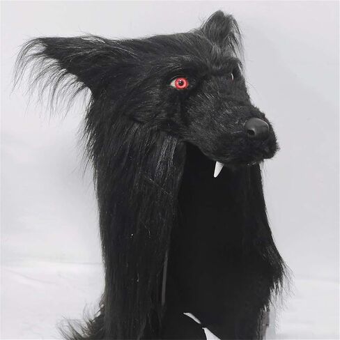 Full Head Black Wolf Headgear,Realistic Furry Viking Wolf Head Hat Mask,Halloween Fursuit Wolfs Costume for Role-Play Party,Christmas,Masquerade,Scary Barbarian Cosplay Plush Headdress in Kuwait