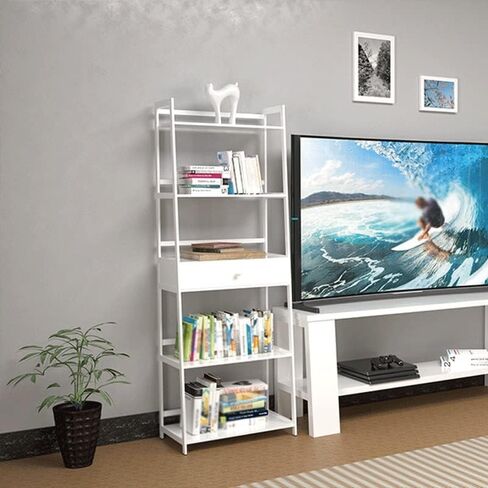 Bookshelf Ladder Shelf with Drawers 5 Tier Tall Bookcase Book Case for Bedroom Living Room Office(E) in Saudi Arabia