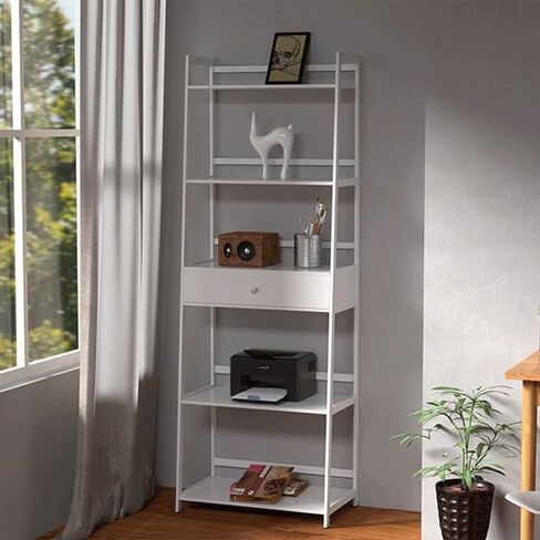 Bookshelf Ladder Shelf with Drawers 5 Tier Tall Bookcase Book Case for Bedroom Living Room Office(E) in Saudi Arabia