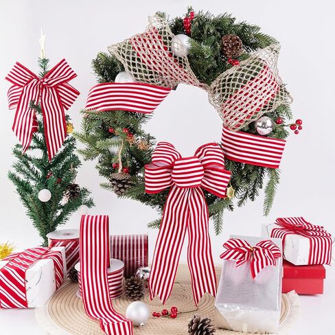 شريط عيد الميلاد الأبيض المخطط الأحمر الشريط السلكي 4 بوصات عريض*10 ياردات مخملية وشريط ساتان أبيض لشجرة عيد الميلاد ، عطلة ، إكليل ، هدايا ، تغليف ، أكاليل ، أقواس (شريط 4 بوصات) in Kuwait