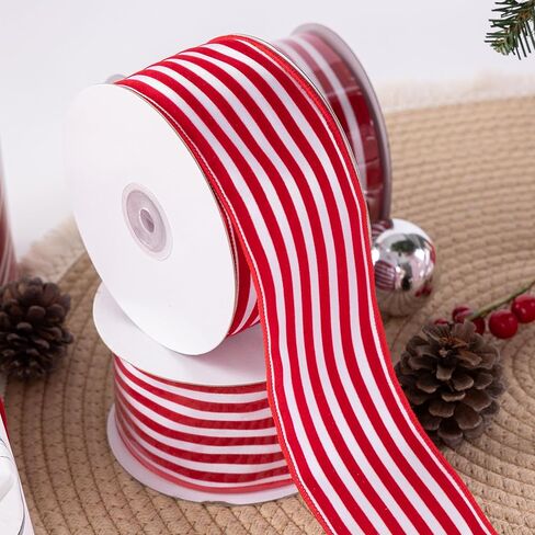 شريط عيد الميلاد الأبيض المخطط الأحمر الشريط السلكي 4 بوصات عريض*10 ياردات مخملية وشريط ساتان أبيض لشجرة عيد الميلاد ، عطلة ، إكليل ، هدايا ، تغليف ، أكاليل ، أقواس (شريط 4 بوصات) in Kuwait