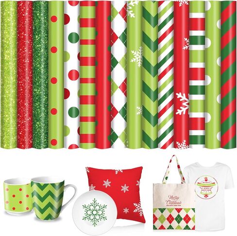 15 Sheets Christmas Heat Transfer Vinyl Red Green Stripe Dot HTV Iron on Vinyl Adhesive Vinyls for Xmas Clothing Costume DIY Fabric Crafts, 12 x 10 Inch in Saudi Arabia