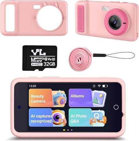 AI Digital Camera for Kids WiFi لعيد الميلاد هدية عيد ميلاد للفتيات Boys ， شاشة تعمل باللمس HD Camera لحديقة السفر المنزلية ، ألعاب الأطفال لـ 4 5 6 7 8 9 10 11 12 مع بطاقة SD 32GB PINK in Kuwait