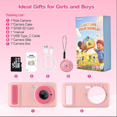 AI Digital Camera for Kids WiFi لعيد الميلاد هدية عيد ميلاد للفتيات Boys ， شاشة تعمل باللمس HD Camera لحديقة السفر المنزلية ، ألعاب الأطفال لـ 4 5 6 7 8 9 10 11 12 مع بطاقة SD 32GB PINK in Kuwait