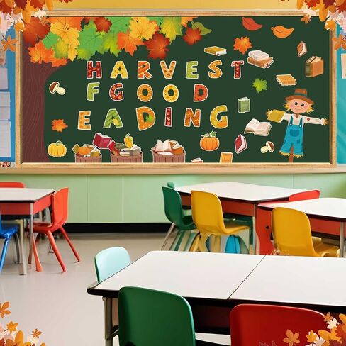 Pasimy Fall Reading Bulletin Boards Book Tree Classroom Decorations Autumn Scarecrow Pumpkin Cutouts Maple Leaves Bulletin Board Sets for Thanksgiving Party Library School Chalkboard Wall Door Decor in Saudi Arabia