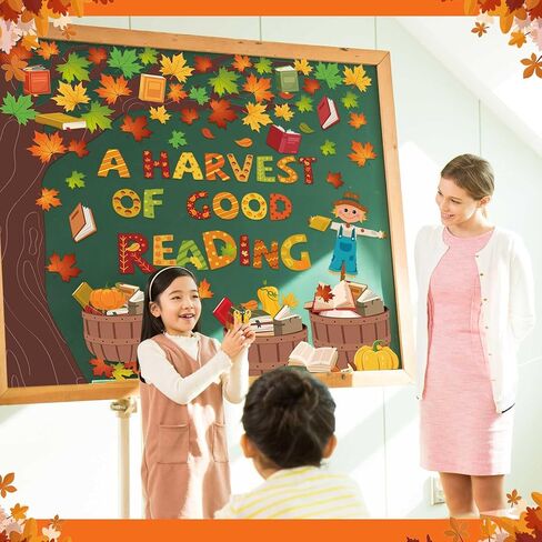 Pasimy Fall Reading Bulletin Boards Book Tree Classroom Decorations Autumn Scarecrow Pumpkin Cutouts Maple Leaves Bulletin Board Sets for Thanksgiving Party Library School Chalkboard Wall Door Decor in Saudi Arabia