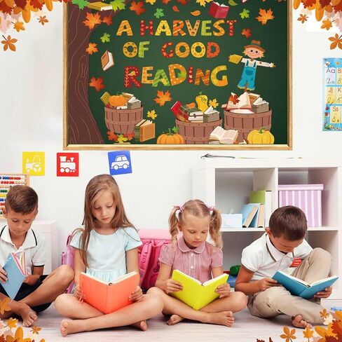Pasimy Fall Reading Bulletin Boards Book Tree Classroom Decorations Autumn Scarecrow Pumpkin Cutouts Maple Leaves Bulletin Board Sets for Thanksgiving Party Library School Chalkboard Wall Door Decor in Saudi Arabia