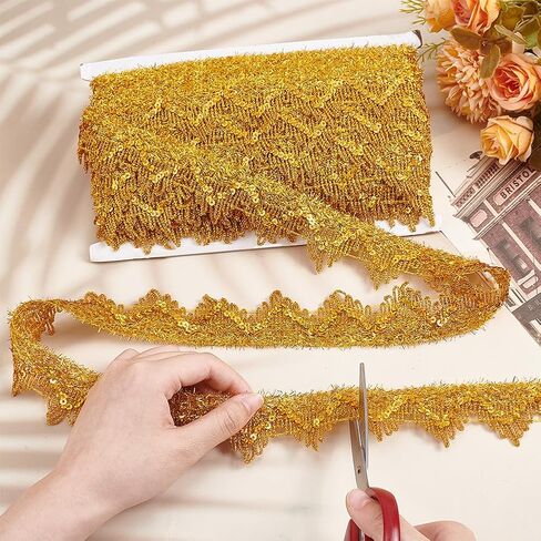 PH PandaHall 14.2 Yards 1.5 inch Golden Sequinned Lace Trim Metallic Lace Trim Polyester Lace Ribbon Gimp Decorated Craft Ribbon for Wedding Costume Clothing Bag Decor DIY Craft Sewing Fabric in Saudi Arabia