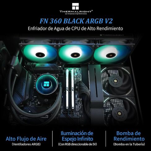 Thermalright Frozen Notte 360 ​​Black ARGB Water Cooling CPU Cooler، مواصفات مبرد وحدة المعالجة المركزية 360 أسود، مراوح PWM 3 × 120 مم، محامل S-FDB V2، مناسبة لـ AMD/AM4/AM5، Intel 1700/1150/1151/1200/2011 in Kuwait
