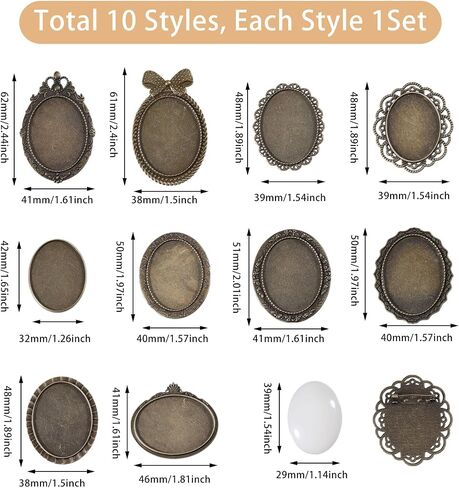 CHGCRAFT 10 Set 10 Style Embroidery Pendant Tray Set Embroidery Brooch Making Kits Round Bezel Pendant Trays Blank Frame for DIY Jewelry Making Crafts Projects, Antique Bronze in Saudi Arabia