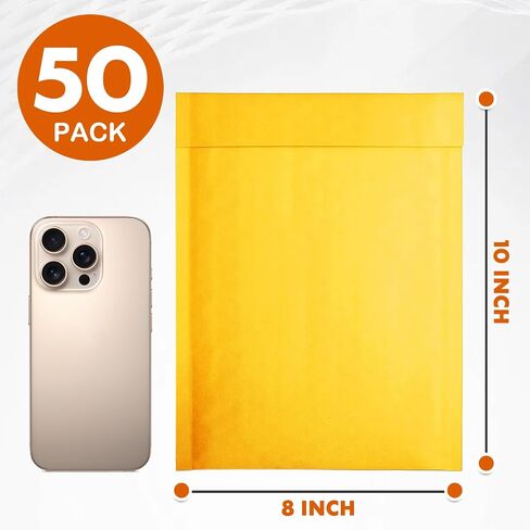 PowerKing Yellow Bubble Mailers 8x10 Inch Padded Envelopes 50 Pack, Self -Seal Waterproof Poly Bubble Shipping Bags for Mailing Jewelry, Makeup, Small Business in Saudi Arabia