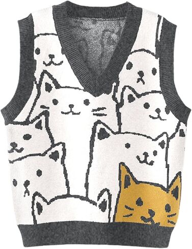 سترة Gihuo النسائية على شكل قطة برقبة على شكل V Y2k سترات محبوكة برسومات بلوفر بدون أكمام تريكو لطيف سترة متماسكة in Kuwait