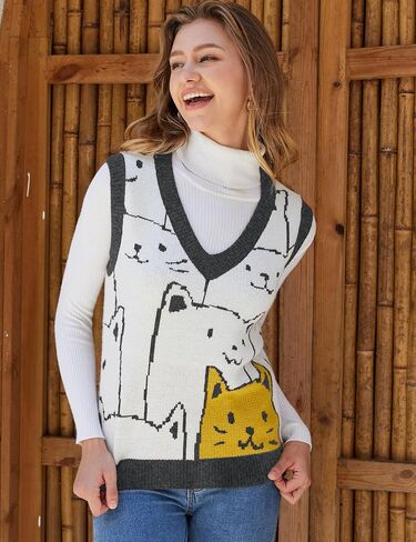 سترة Gihuo النسائية على شكل قطة برقبة على شكل V Y2k سترات محبوكة برسومات بلوفر بدون أكمام تريكو لطيف سترة متماسكة in Kuwait