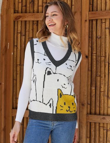 سترة Gihuo النسائية على شكل قطة برقبة على شكل V Y2k سترات محبوكة برسومات بلوفر بدون أكمام تريكو لطيف سترة متماسكة in Kuwait