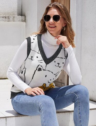 سترة Gihuo النسائية على شكل قطة برقبة على شكل V Y2k سترات محبوكة برسومات بلوفر بدون أكمام تريكو لطيف سترة متماسكة in Kuwait