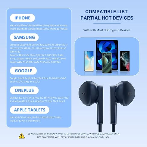 USB C Headphones, Type C Earbuds, for iPhone 15/15 Pro/ 15 Pro Max Headphones with Microphone Noise Isolation Stereo Wired Earphones for Samsung Galaxy S22 S23 Ultra Z Flip5 Z Fold5 Pixel 7a Android in Kuwait