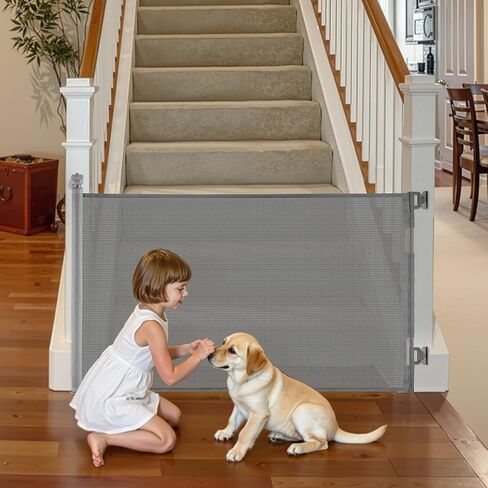 VEVOR Retractable Baby Gate, Extends to 57 inch Wide, 38.5 inch Tall, with Security Lock, Easy to Use, Walk Through Without Tripping, Mesh Dog Gate for Stairs, Hallways, Indoor/Outdoor, Gray in Saudi Arabia