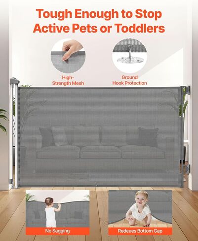 VEVOR Retractable Baby Gate, Extends to 57 inch Wide, 38.5 inch Tall, with Security Lock, Easy to Use, Walk Through Without Tripping, Mesh Dog Gate for Stairs, Hallways, Indoor/Outdoor, Gray in Saudi Arabia