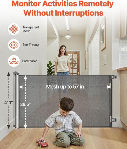 VEVOR Retractable Baby Gate, Extends to 57 inch Wide, 38.5 inch Tall, with Security Lock, Easy to Use, Walk Through Without Tripping, Mesh Dog Gate for Stairs, Hallways, Indoor/Outdoor, Gray in Saudi Arabia