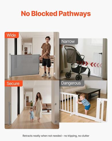 VEVOR Retractable Baby Gate, Extends to 57 inch Wide, 38.5 inch Tall, with Security Lock, Easy to Use, Walk Through Without Tripping, Mesh Dog Gate for Stairs, Hallways, Indoor/Outdoor, Gray in Saudi Arabia