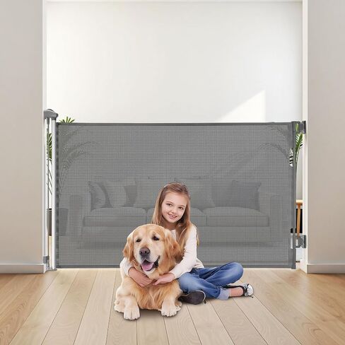 VEVOR Retractable Baby Gate, Extends to 57 inch Wide, 38.5 inch Tall, with Security Lock, Easy to Use, Walk Through Without Tripping, Mesh Dog Gate for Stairs, Hallways, Indoor/Outdoor, Gray in Saudi Arabia