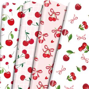 Keluna Cherry Bow Wrapping Paper Sheets - Pink Gingham Romantic Cherry Bow Tie Ribbon Baby Girl Wrapping Paper for Girls Birthday Baby Shower Bridal Bachelorette Valentines Anniversary Chritmas Holiday in Saudi Arabia