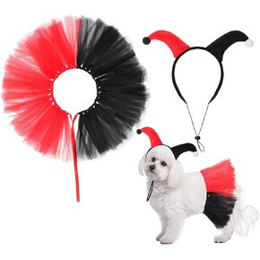 2 PCS Halloween Dog Clown Assume مجموعة صغيرة من أزياء الأزياء للحيوانات الأليفة الكلب الصغير الأسود تنورة حمراء الرأس لقطط الجرو هالوين تأثيري ملابس الحفلات in Kuwait