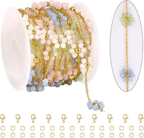 KYUNHOO 9.8 Feet Colorful Flower Chain for Jewelry Making Crystal Bead Jewelry Roll 18K Gold Plated Necklace Chains Bulk for Handcrafts Make in Saudi Arabia