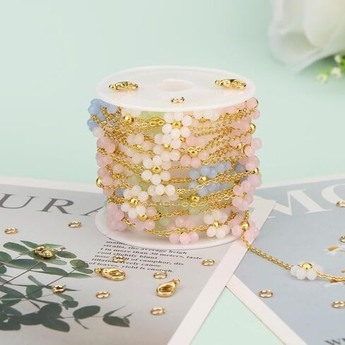 KYUNHOO 9.8 Feet Colorful Flower Chain for Jewelry Making Crystal Bead Jewelry Roll 18K Gold Plated Necklace Chains Bulk for Handcrafts Make in Saudi Arabia