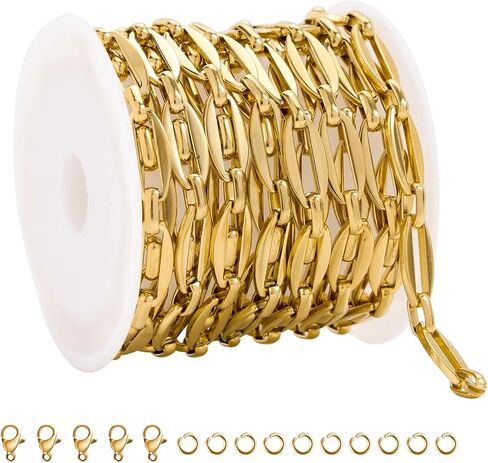 SMYHTGLIF 2 Meters Gold Oval Rectangle Chain for Jewelry Making Stainless Steel Jewelry Making Chains Bulk with Lobster Clasps and Jump Rings in Kuwait