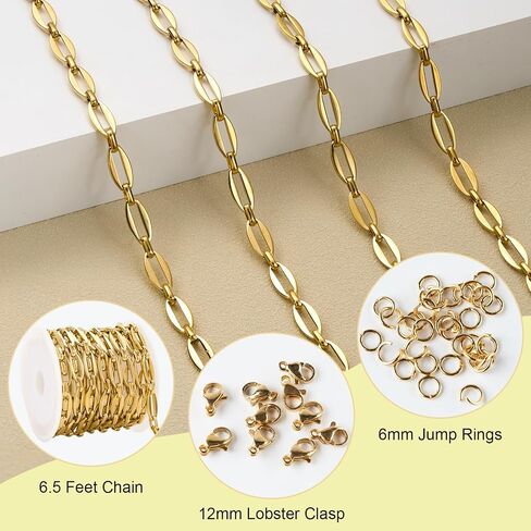 SMYHTGLIF 2 Meters Gold Oval Rectangle Chain for Jewelry Making Stainless Steel Jewelry Making Chains Bulk with Lobster Clasps and Jump Rings in Kuwait