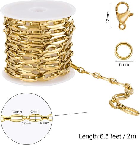 SMYHTGLIF 2 Meters Gold Oval Rectangle Chain for Jewelry Making Stainless Steel Jewelry Making Chains Bulk with Lobster Clasps and Jump Rings in Kuwait