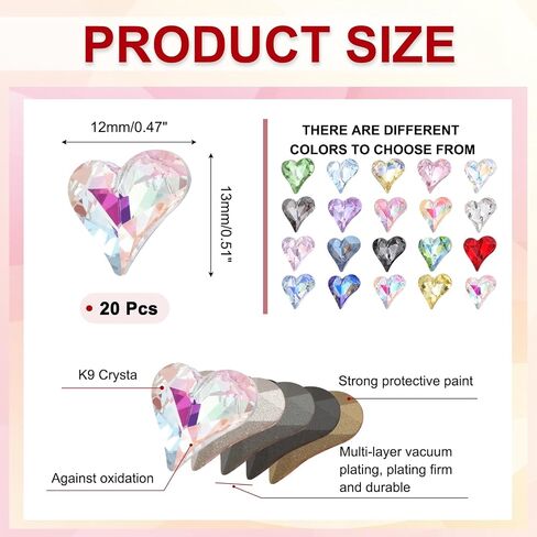 MECCANIXITY 20 Pcs 3D Heart AB Nail Rhinestones 12x13mm K9 Glass Crystal Rhinestones Pointed Back Crooked Heart Gems for Nail Charm Art DIY Decoration Craft in Saudi Arabia