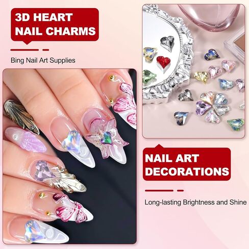 MECCANIXITY 20 Pcs 3D Heart AB Nail Rhinestones 12x13mm K9 Glass Crystal Rhinestones Pointed Back Crooked Heart Gems for Nail Charm Art DIY Decoration Craft in Saudi Arabia
