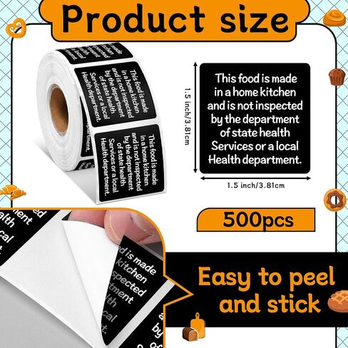 Janlaugh 500 Count Cottage Food Law Labels ملصقات مصنوعة في صائق المطبخ المنزلي 1.5 ملصقات غذائية مربعة ملصقات مطبوعة حرارية للمطبخ المنزلي in Saudi Arabia