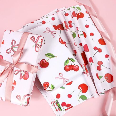 Keluna Cherry Bow Wrapping Paper Sheets - Pink Gingham Romantic Cherry Bow Tie Ribbon Baby Girl Wrapping Paper for Girls Birthday Baby Shower Bridal Bachelorette Valentines Anniversary Chritmas Holiday in Saudi Arabia