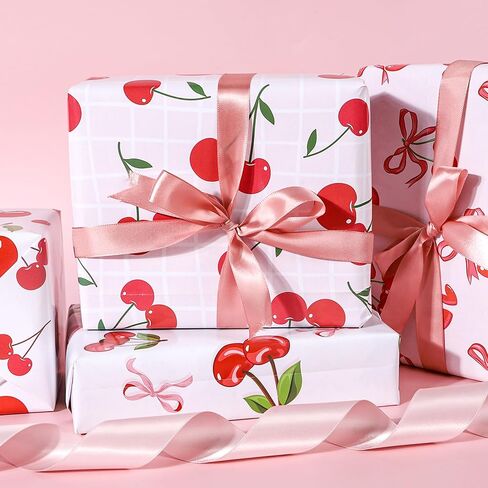 Keluna Cherry Bow Wrapping Paper Sheets - Pink Gingham Romantic Cherry Bow Tie Ribbon Baby Girl Wrapping Paper for Girls Birthday Baby Shower Bridal Bachelorette Valentines Anniversary Chritmas Holiday in Saudi Arabia
