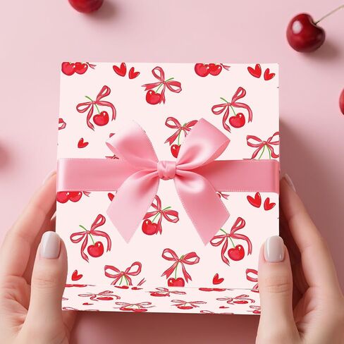 Keluna Cherry Bow Wrapping Paper Sheets - Pink Gingham Romantic Cherry Bow Tie Ribbon Baby Girl Wrapping Paper for Girls Birthday Baby Shower Bridal Bachelorette Valentines Anniversary Chritmas Holiday in Saudi Arabia