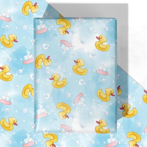 WRAPLULU Blue Baby Shower Wrapping Paper - 4 Jumbo Sheets, 28 * 40 Inches - Rubber Duck Gift Wrap with Soap Bubbles, Perfect for Boys Girls, Birthday, Newborn, Gender Reveal in Kuwait