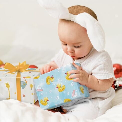 WRAPLULU Blue Baby Shower Wrapping Paper - 4 Jumbo Sheets, 28 * 40 Inches - Rubber Duck Gift Wrap with Soap Bubbles, Perfect for Boys Girls, Birthday, Newborn, Gender Reveal in Kuwait