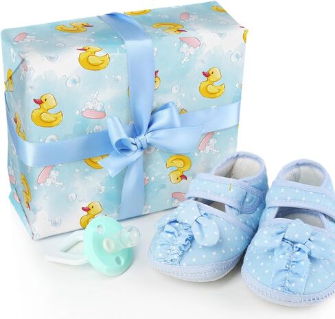 WRAPLULU Blue Baby Shower Wrapping Paper - 4 Jumbo Sheets, 28 * 40 Inches - Rubber Duck Gift Wrap with Soap Bubbles, Perfect for Boys Girls, Birthday, Newborn, Gender Reveal in Kuwait