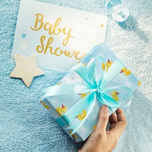 WRAPLULU Blue Baby Shower Wrapping Paper - 4 Jumbo Sheets, 28 * 40 Inches - Rubber Duck Gift Wrap with Soap Bubbles, Perfect for Boys Girls, Birthday, Newborn, Gender Reveal in Kuwait